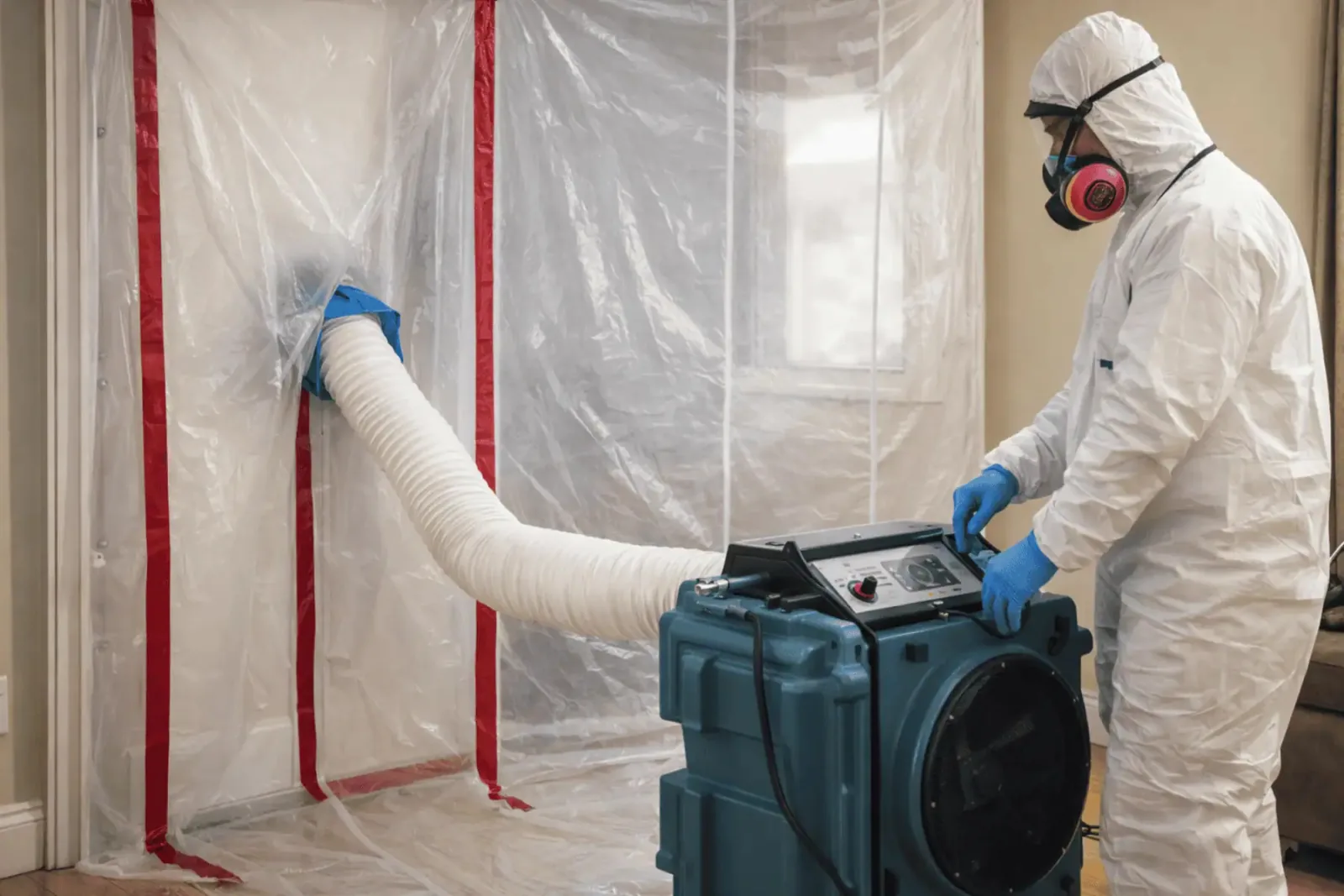 Mold remediation specialist operating air filtration equipment