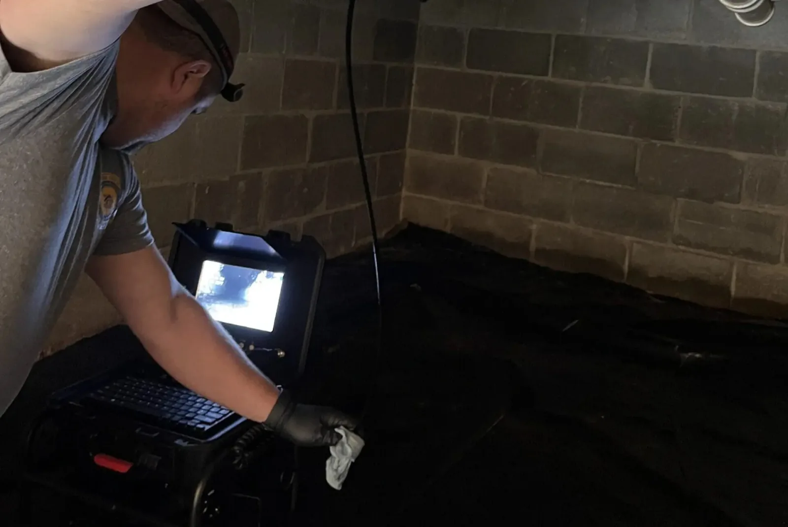 Inspector in crawl space using camera equipment