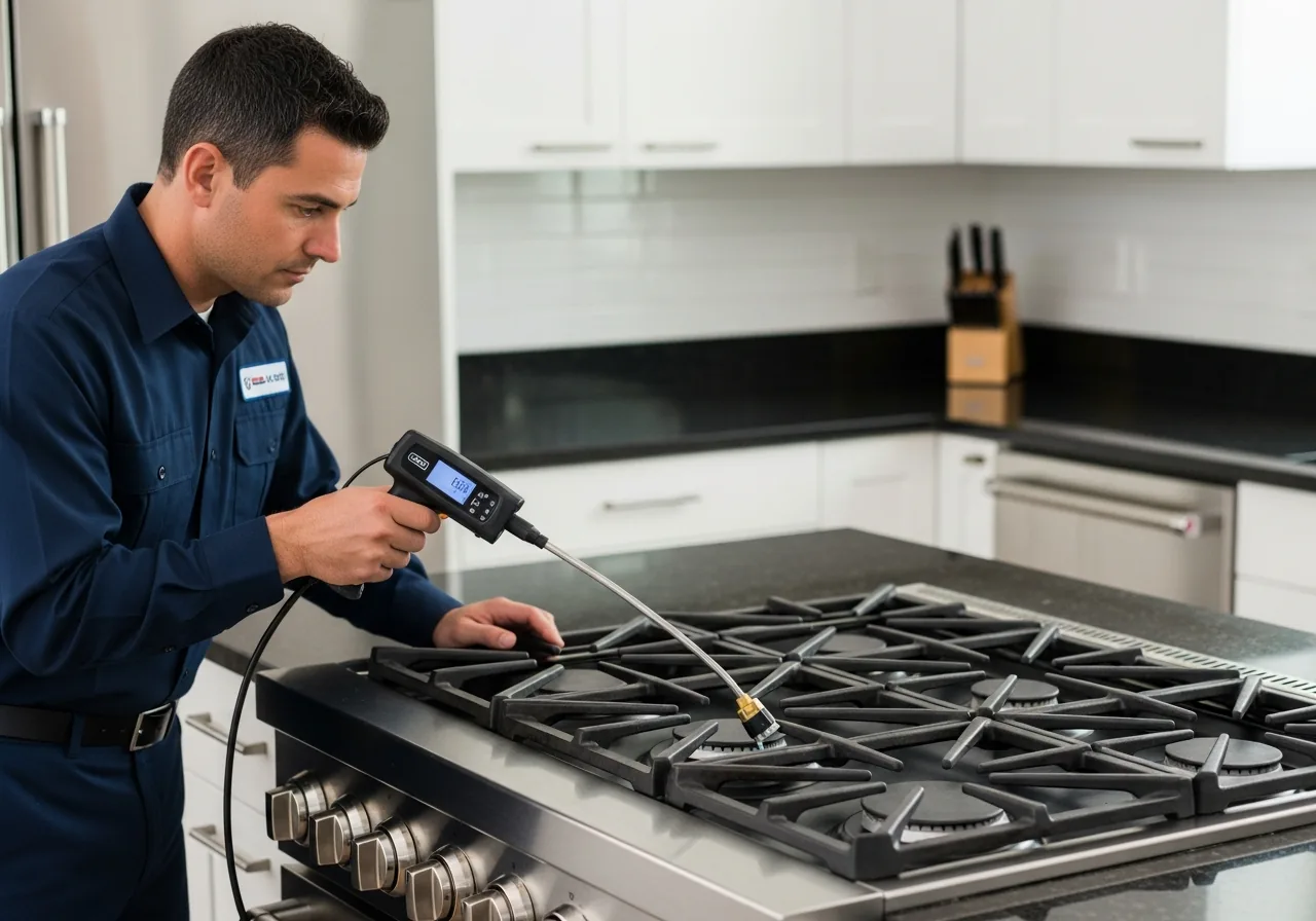 Inspector examining a gas appliance connection