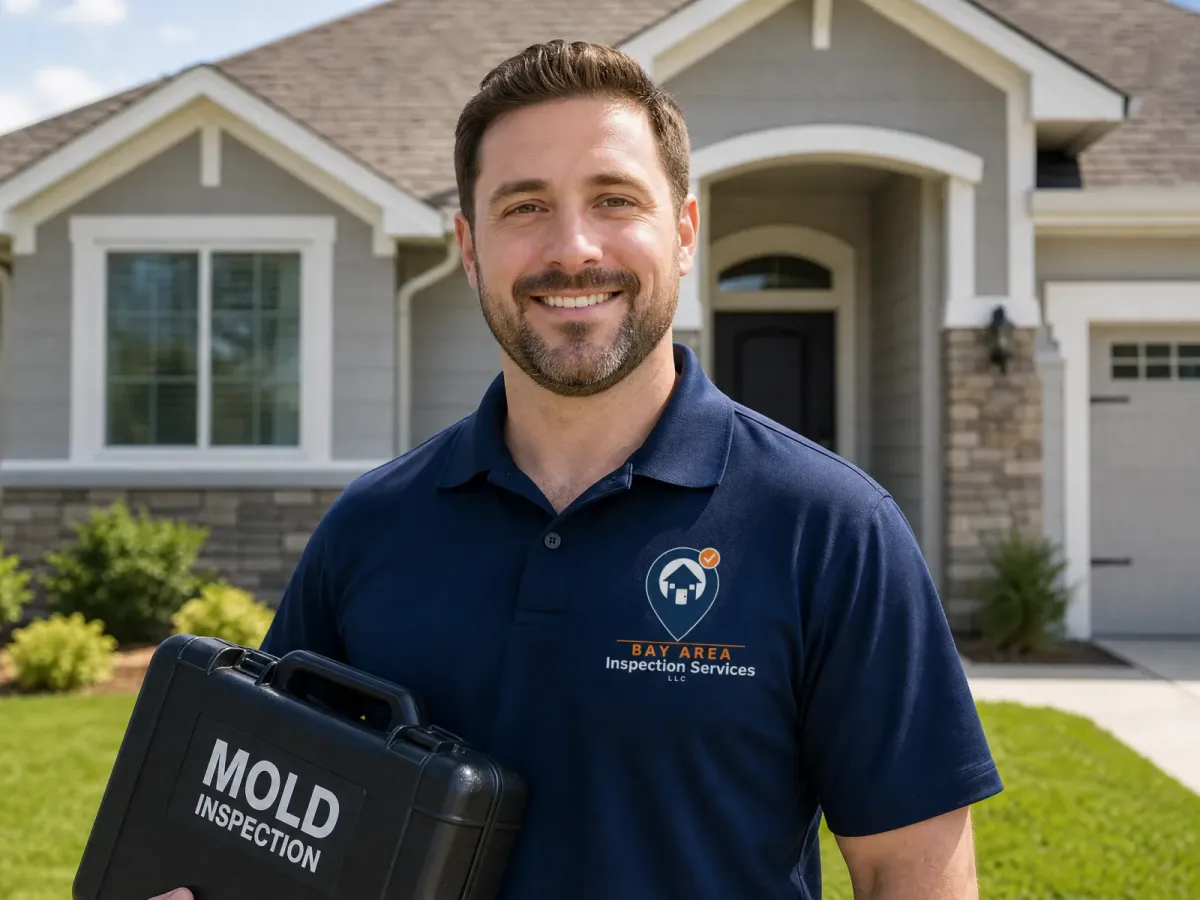 Certified Bay Area Inspection Services inspector with mold inspection case outside a home