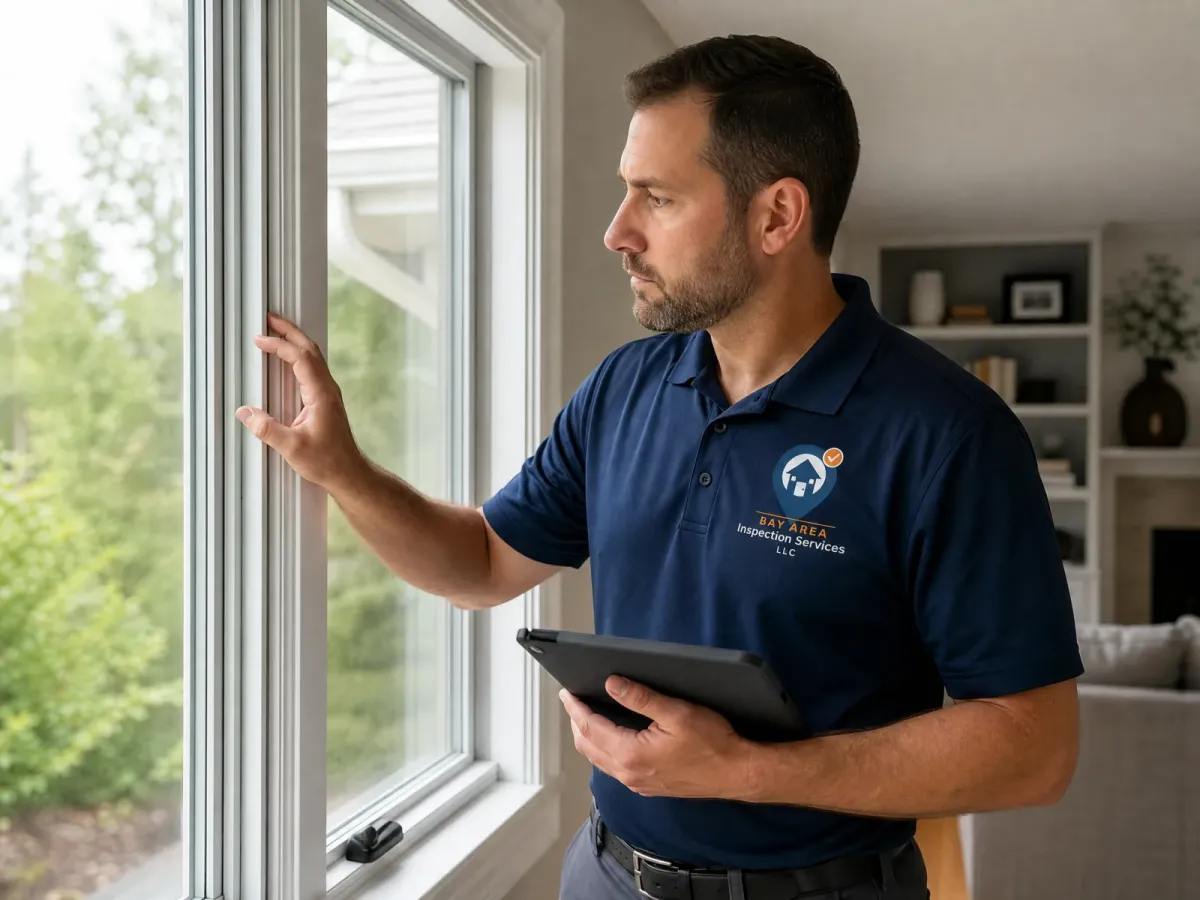 Inspector examining a window frame, seal and operation