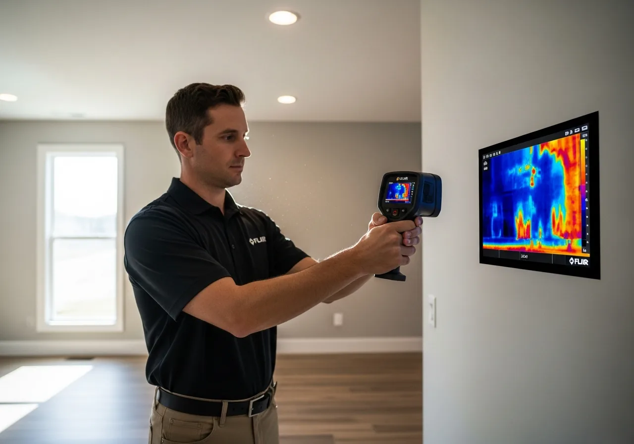 Inspector using a thermal camera to find hidden moisture