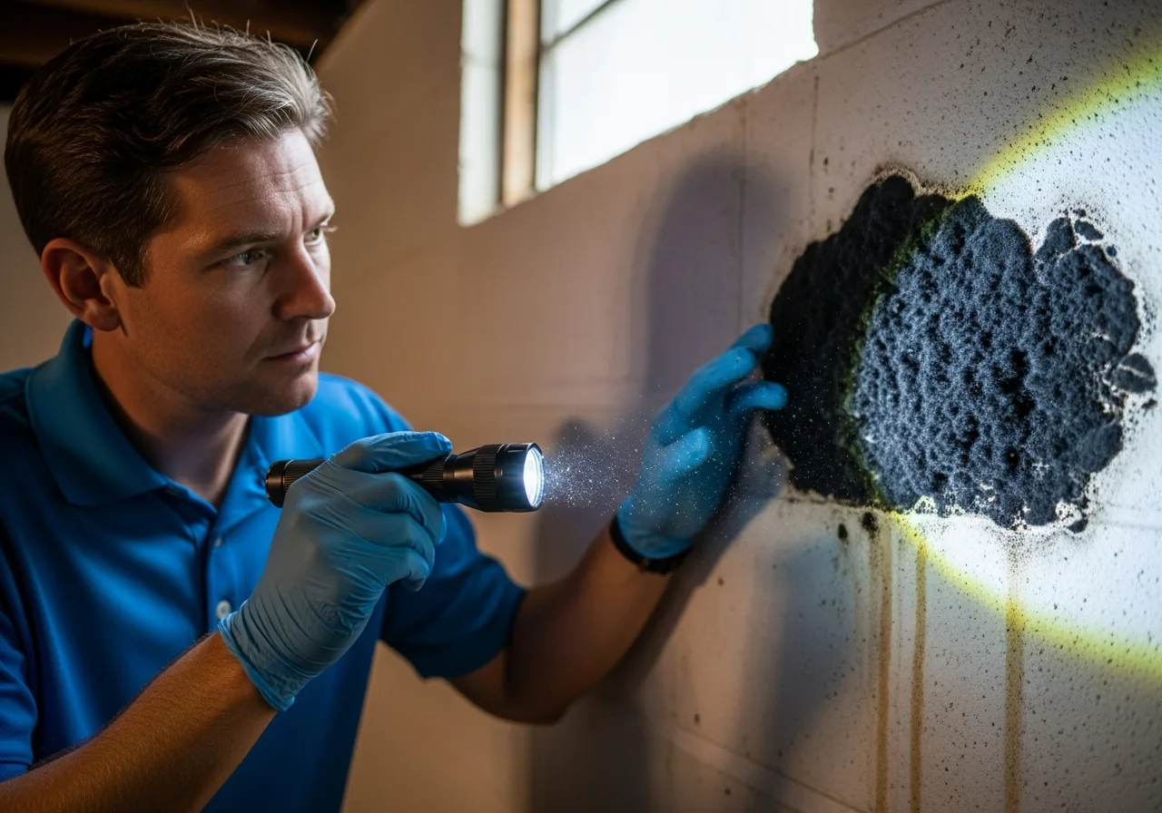Inspector using UV light to detect mold on basement wall