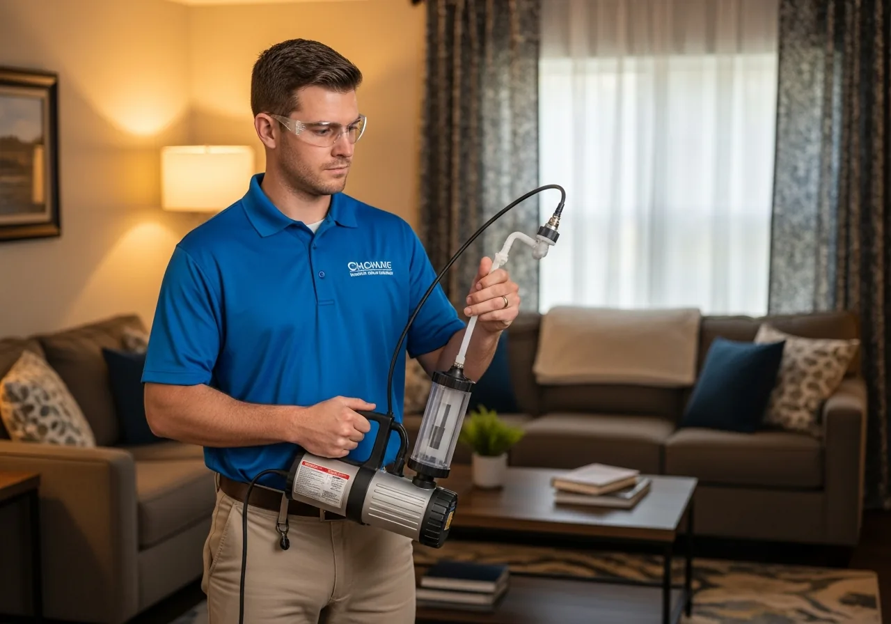 Air quality technician collecting air samples in residence
