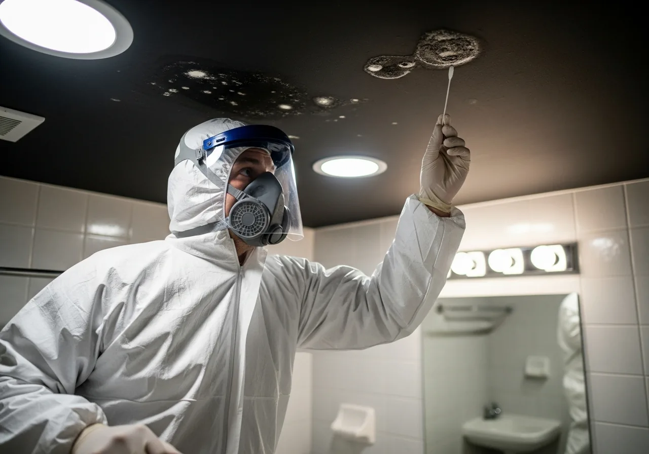 Inspector in protective gear taking mold swab samples
